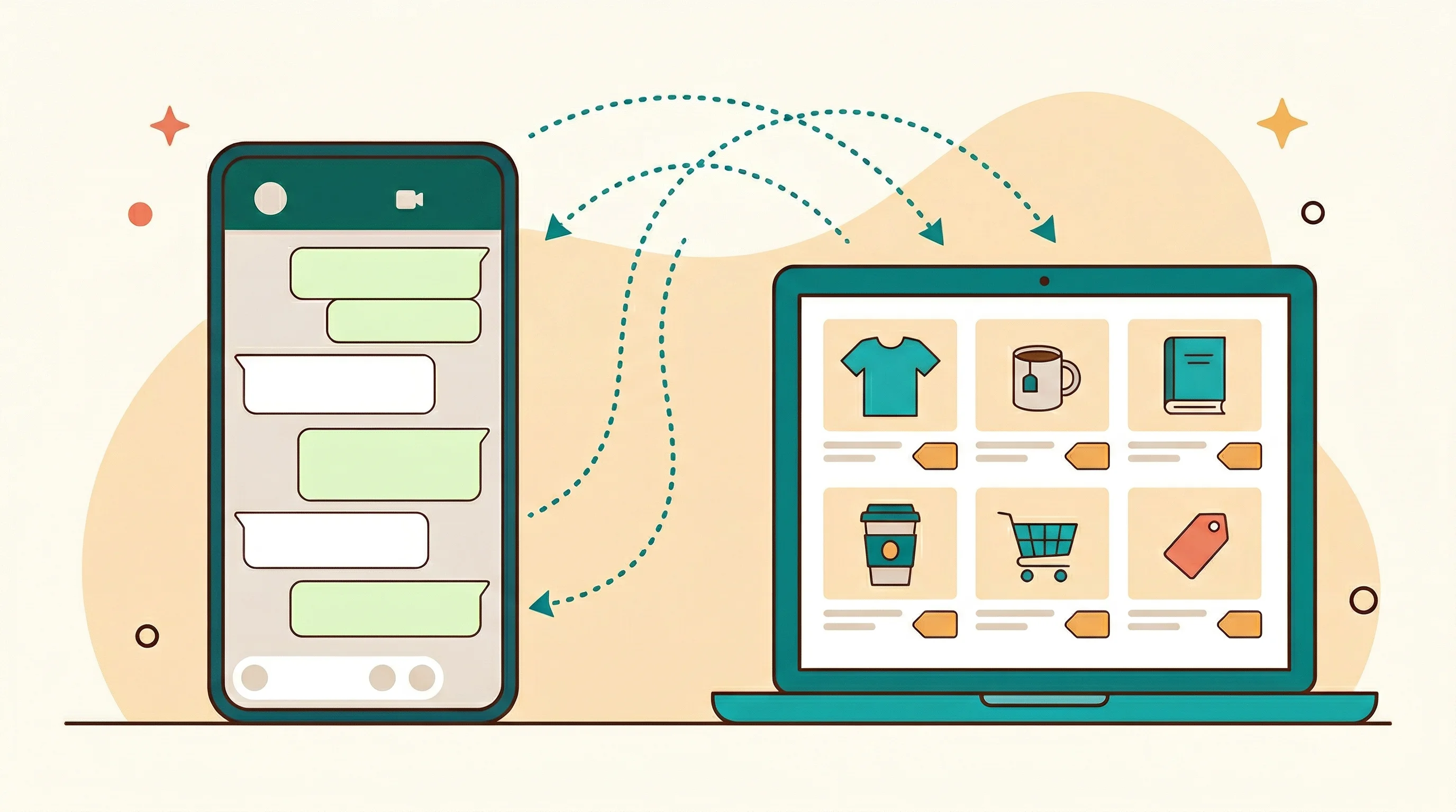 A phone showing WhatsApp chat bubbles next to a laptop displaying a product catalog — flat illustration style