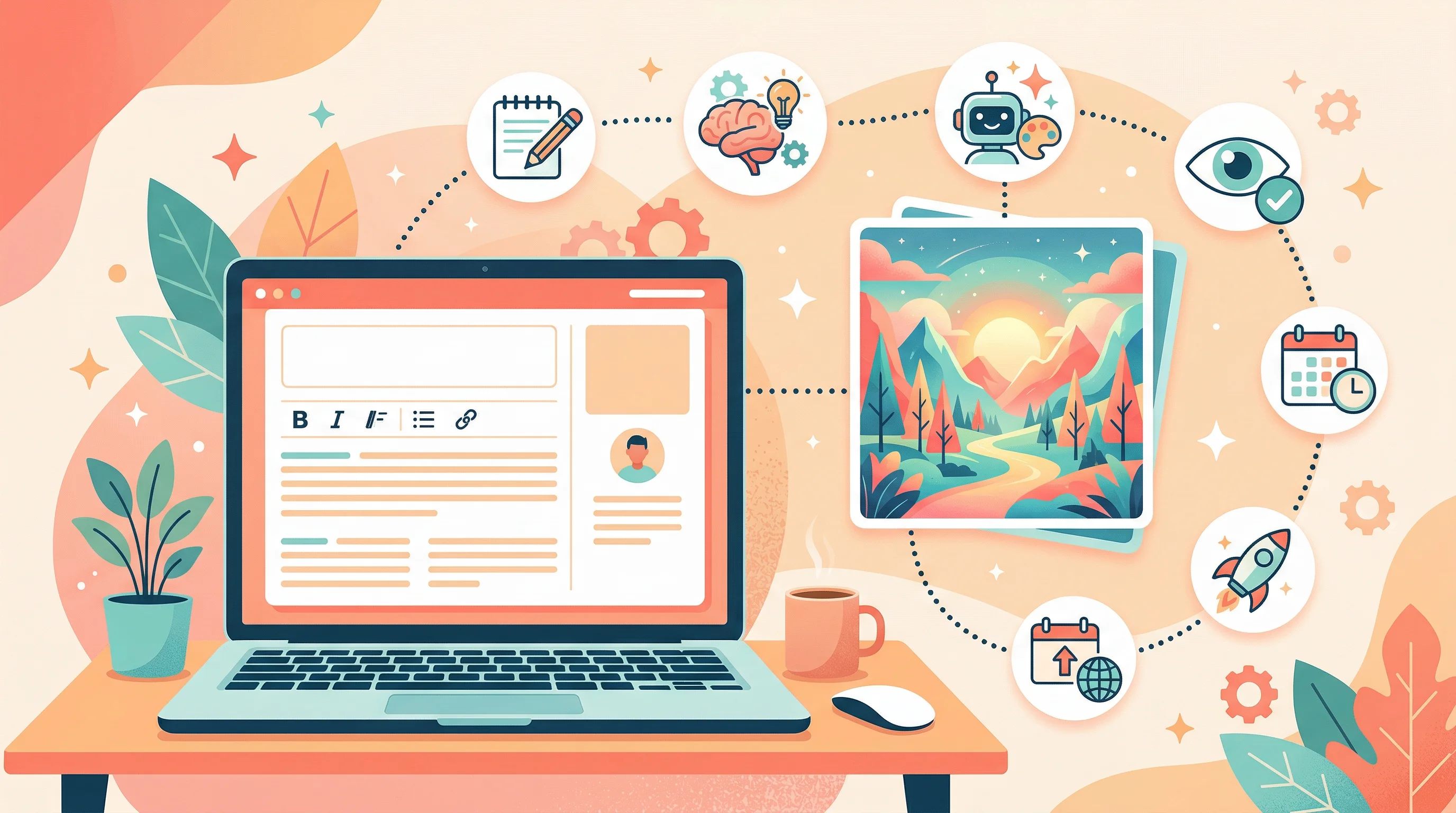 A blog post being composed on a screen with an AI-generated cover image floating beside it — flat illustration with warm tones