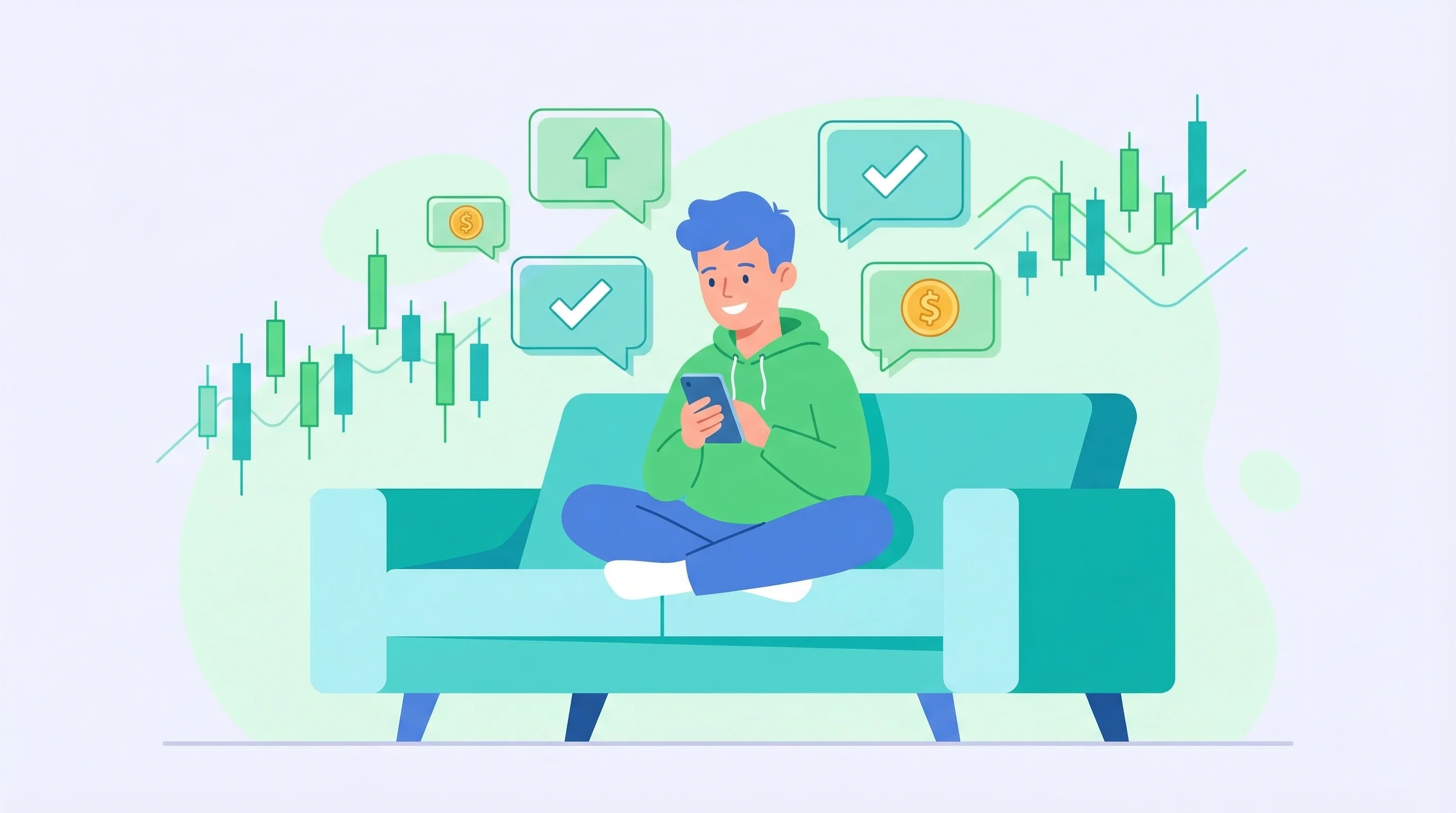 A phone showing a WhatsApp conversation with trading commands and formatted responses — flat illustration with green accent colors